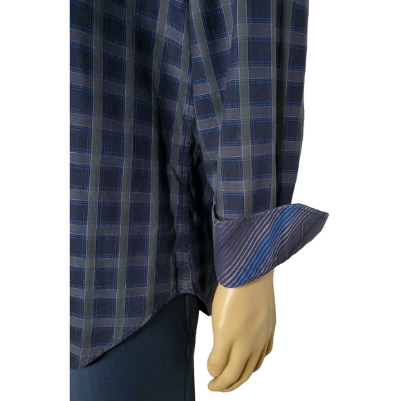 Men’s Thomas Dean Gray And Blue Plaid Button Down Shirt Size Large Flip Cuff - Picture 4 of 5